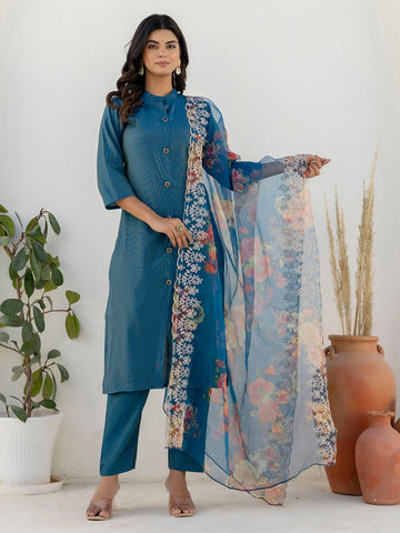 Amazing Teal Color Shimmer Fabric Designer Suit