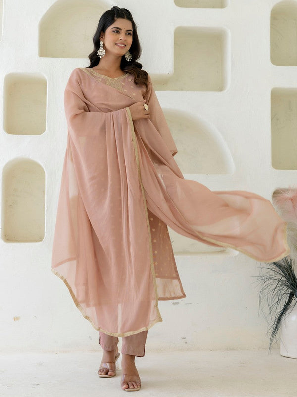Amazing Peach Color Chanderi Fabric Designer Suit