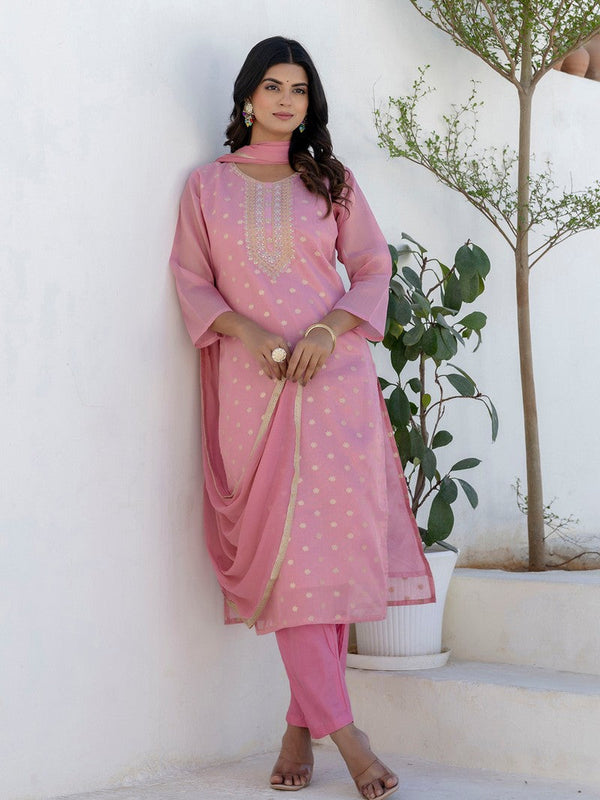 Amazing Pink Color Chanderi Fabric Designer Suit