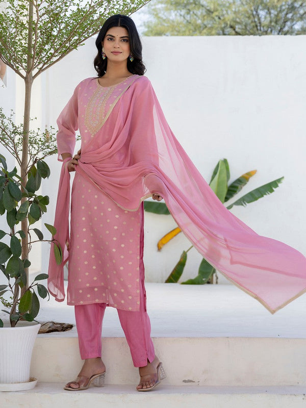 Amazing Pink Color Chanderi Fabric Designer Suit