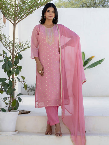 Amazing Pink Color Chanderi Fabric Designer Suit