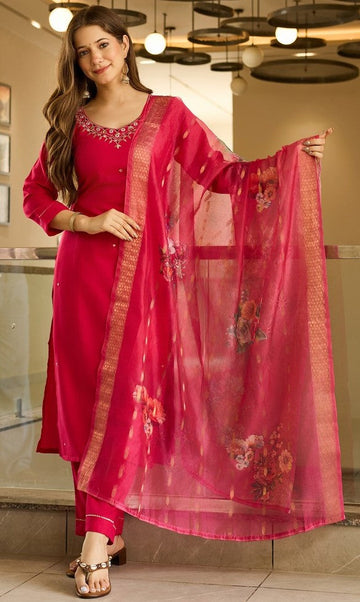Dazzling Red Color Viscose Fabric Casual Suit