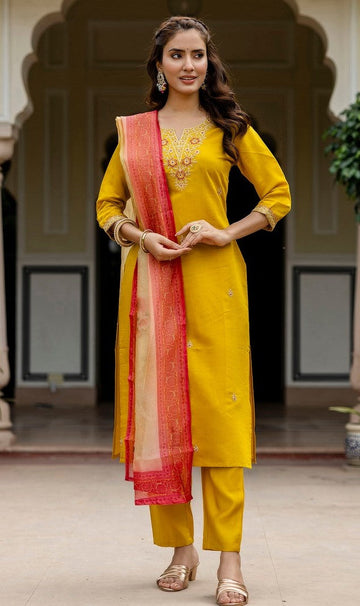 Dazzling Mustard Color Rayon   Fabric Casual Suit