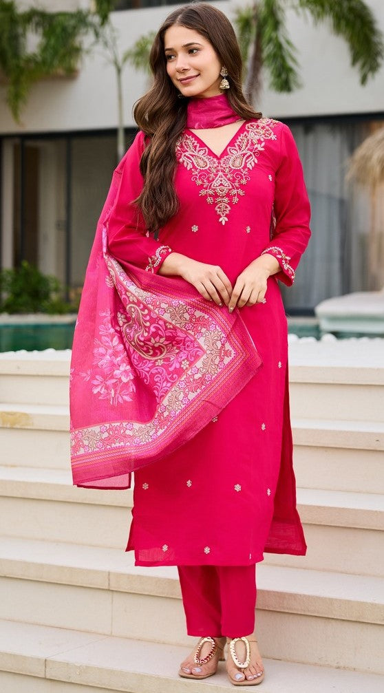 Dazzling Pink Color Silk Fabric Casual Suit