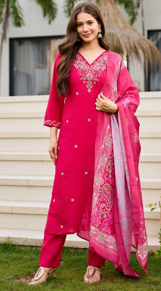 Dazzling Pink Color Silk Fabric Casual Suit