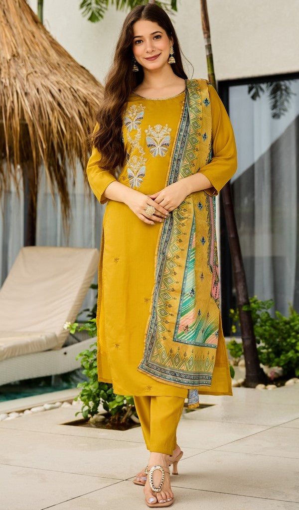 Dazzling Mustard Color Silk Fabric Casual Suit