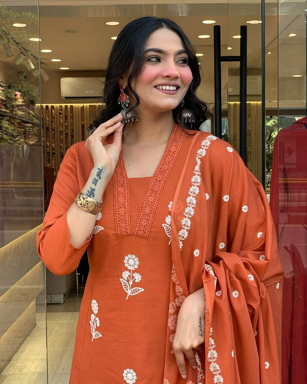Dazzling Orange Color Cotton Fabric Casual Suit