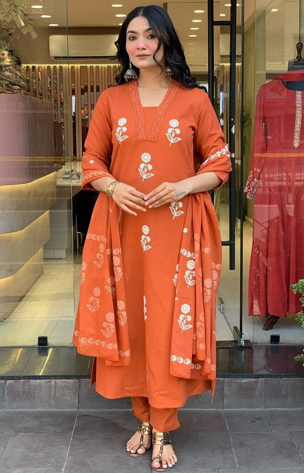 Dazzling Orange Color Cotton Fabric Casual Suit