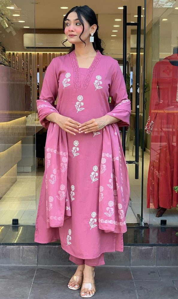 Dazzling Pink Color Cotton Fabric Casual Suit