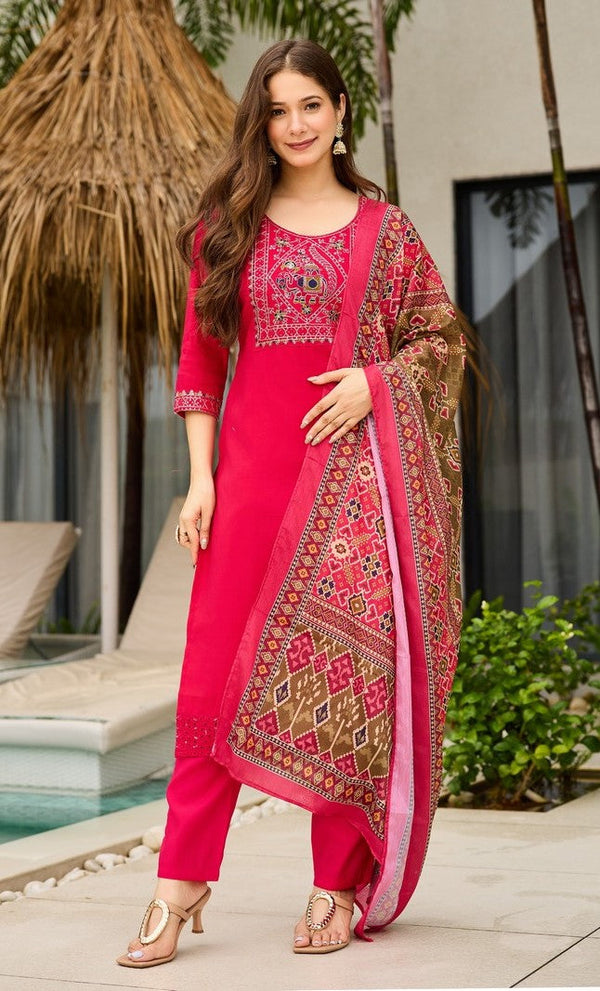 Dazzling Red Color Silk Fabric Casual Suit