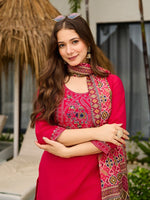 Dazzling Red Color Silk Fabric Casual Suit