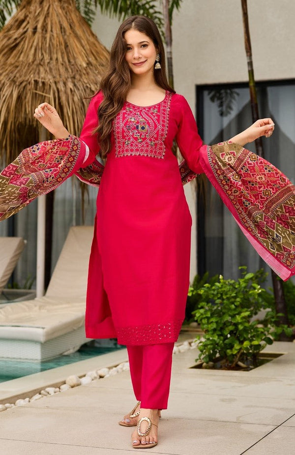 Dazzling Red Color Silk Fabric Casual Suit