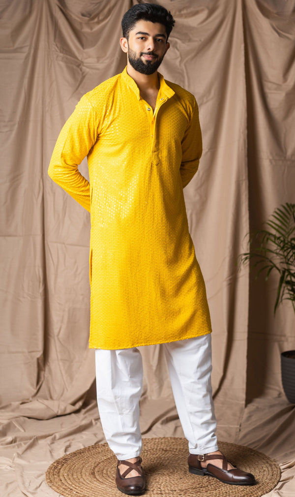 Fabulous Yellow Color Rayon Fabric Kurta Pajama