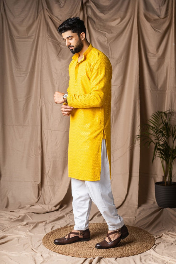 Fabulous Yellow Color Rayon Fabric Kurta Pajama