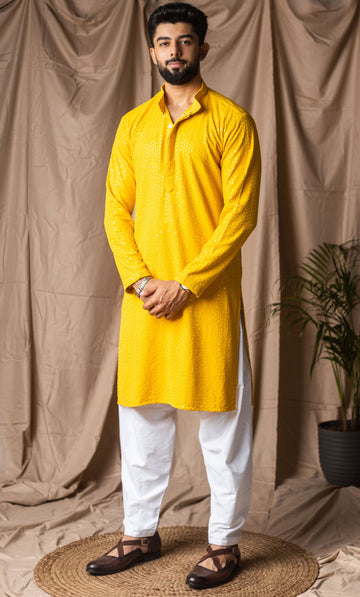Fabulous Yellow Color Rayon Fabric Kurta Pajama