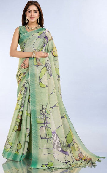 Ideal Green Color Cotton Fabric Casual Saree