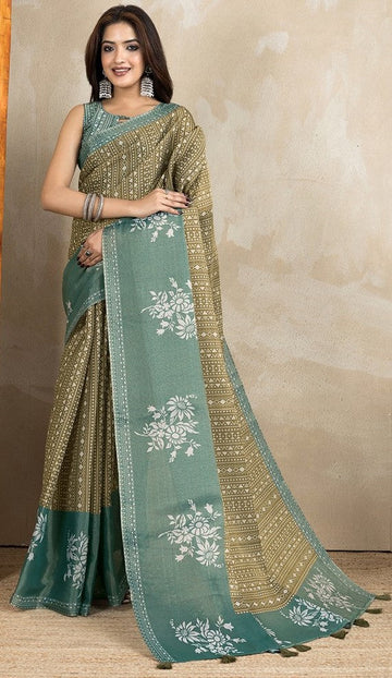 Ideal Green Color Cotton Fabric Casual Saree