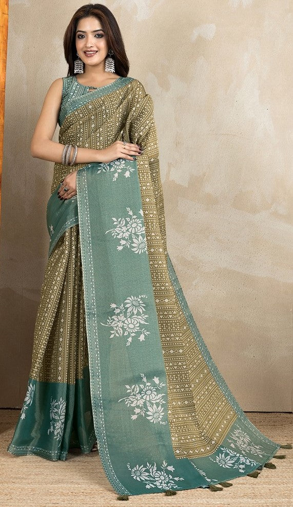 Ideal Green Color Cotton Fabric Casual Saree