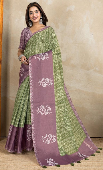 Ideal Green Color Cotton Fabric Casual Saree