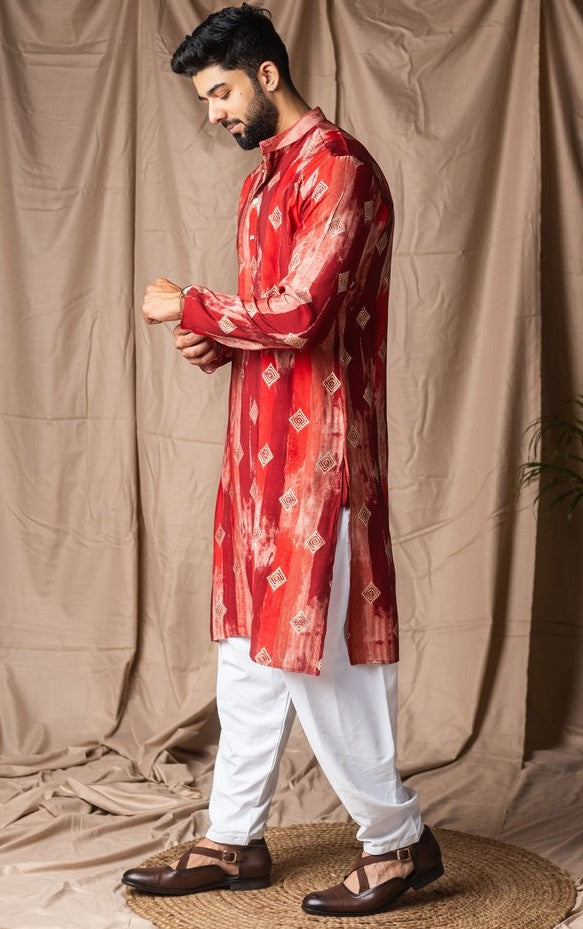 Amazing Red Color Silk Fabric Kurta Pajama