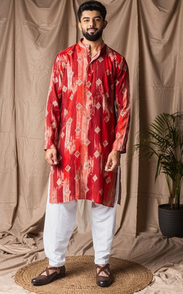 Amazing Red Color Silk Fabric Kurta Pajama