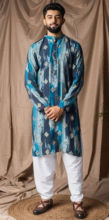 Amazing Blue Color Silk Fabric Kurta Pajama
