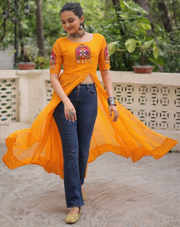 Amazing Yellow Color Georgette Fabric Designer Kurti