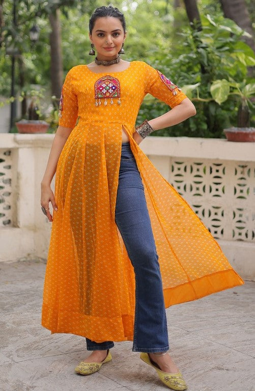 Amazing Yellow Color Georgette Fabric Designer Kurti