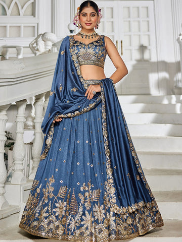 Magnetic Blue Color Georgette Fabric Party Wear Lehenga