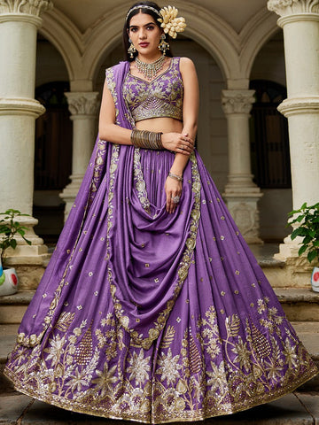 Magnetic Purple Color Georgette Fabric Party Wear Lehenga