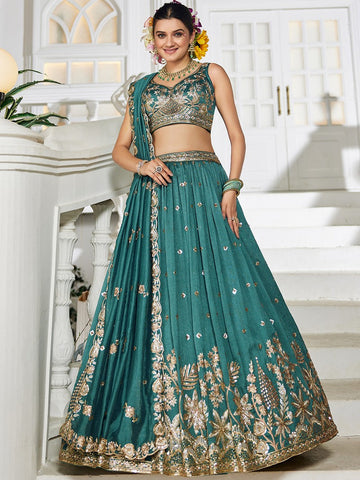 Magnetic Green Color Georgette Fabric Party Wear Lehenga