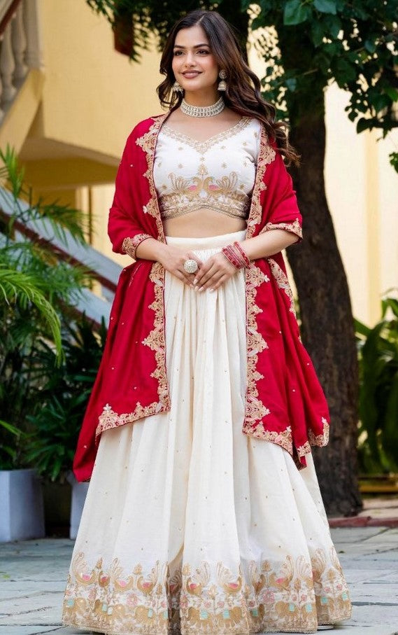 Amazing White Color Vichitra  Fabric Party Wear Lehenga