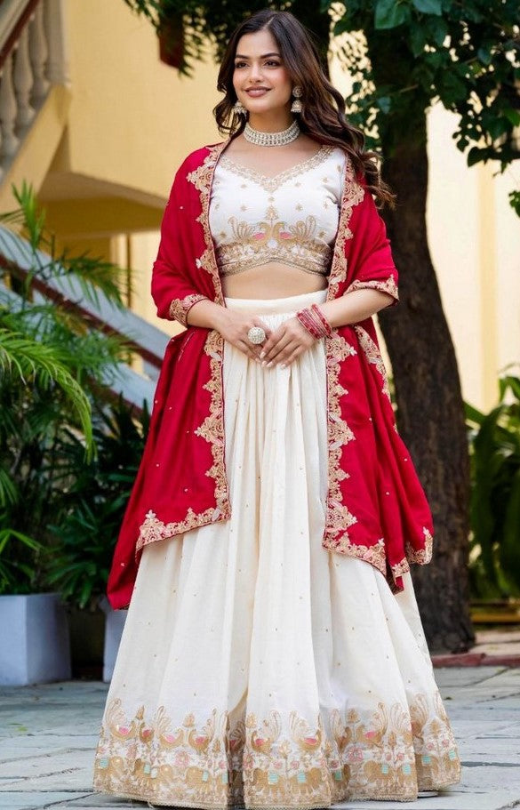 Amazing White Color Vichitra  Fabric Party Wear Lehenga