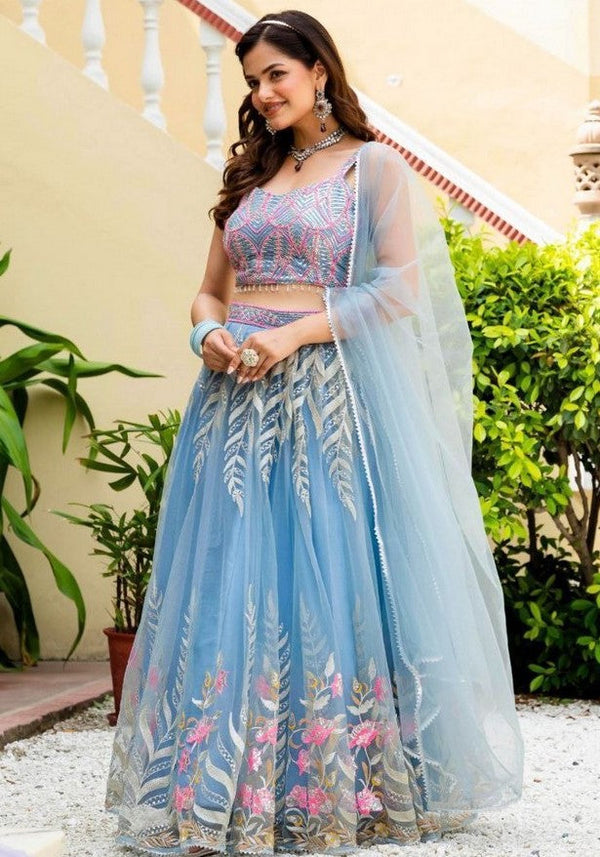 Amazing Aqua Color Net  Fabric Party Wear Lehenga
