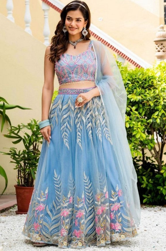 Amazing Aqua Color Net  Fabric Party Wear Lehenga