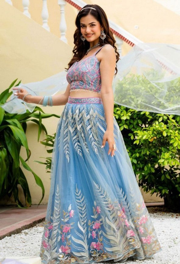 Amazing Aqua Color Net  Fabric Party Wear Lehenga