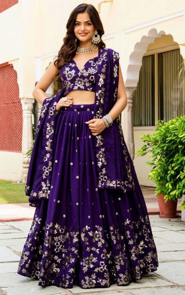 Amazing Purple Color Vichitra  Fabric Party Wear Lehenga