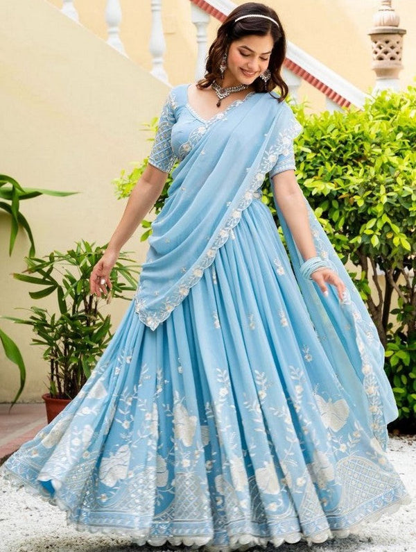 Amazing Aqua Color Goergette  Fabric Party Wear Lehenga