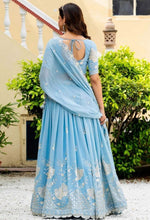 Amazing Aqua Color Goergette  Fabric Party Wear Lehenga