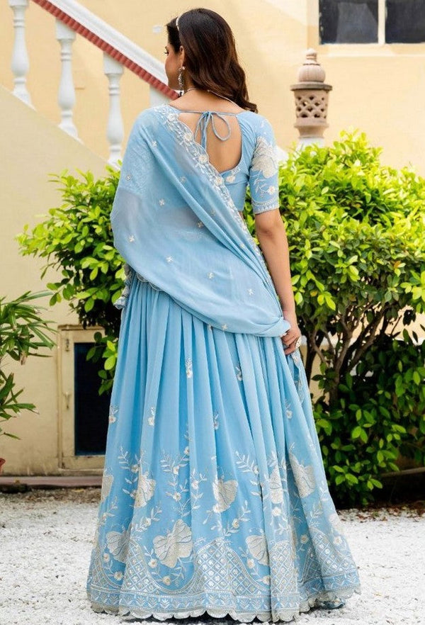 Amazing Aqua Color Goergette  Fabric Party Wear Lehenga