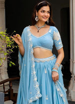 Amazing Aqua Color Goergette  Fabric Party Wear Lehenga