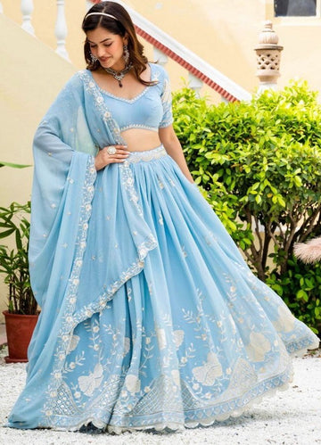 Amazing Aqua Color Goergette  Fabric Party Wear Lehenga