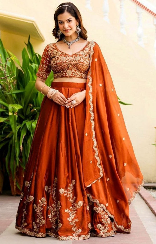 Angelic Orange Color Silk Fabric Party Wear Lehenga