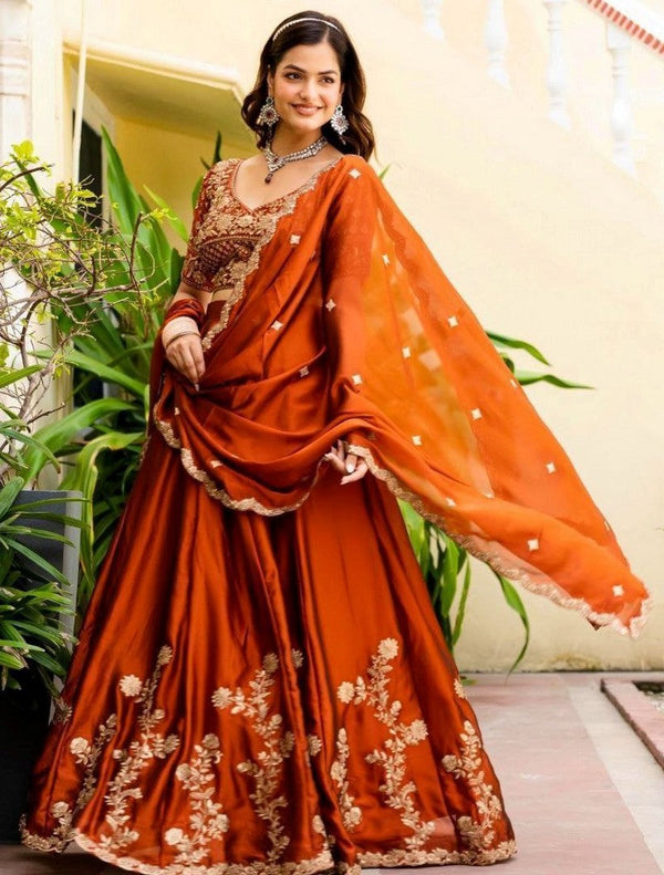 Angelic Orange Color Silk Fabric Party Wear Lehenga