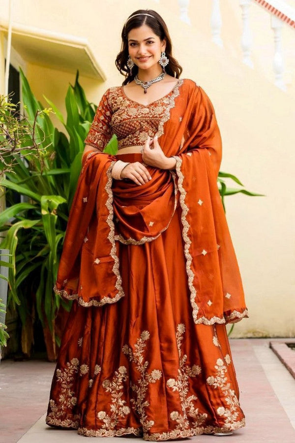 Angelic Orange Color Silk Fabric Party Wear Lehenga