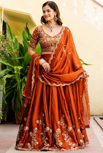 Angelic Orange Color Silk Fabric Party Wear Lehenga