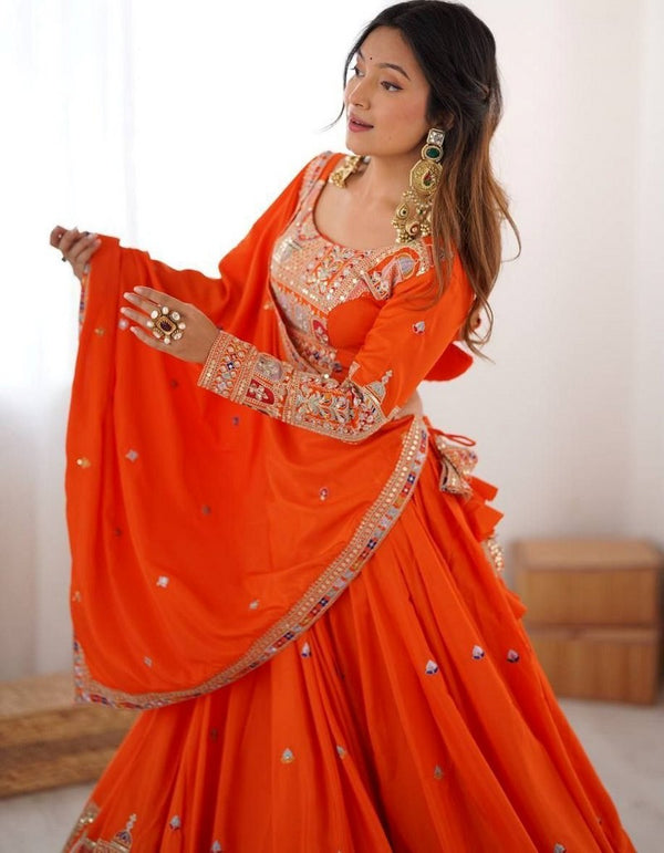 Angelic Orange Color Crepe Fabric Party Wear Lehenga