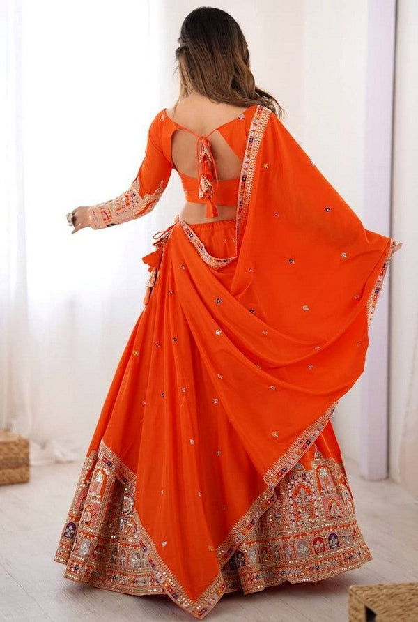 Angelic Orange Color Crepe Fabric Party Wear Lehenga