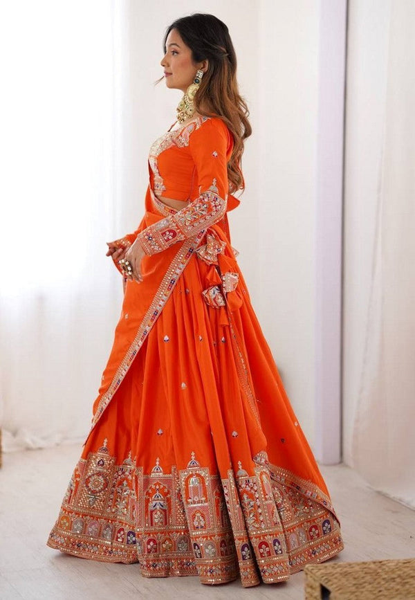 Angelic Orange Color Crepe Fabric Party Wear Lehenga