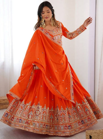 Angelic Orange Color Crepe Fabric Party Wear Lehenga